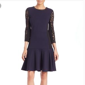 Rebecca Taylor Drop Waist Lace Silk Blend Leather Trim Navy Black Dress size 8